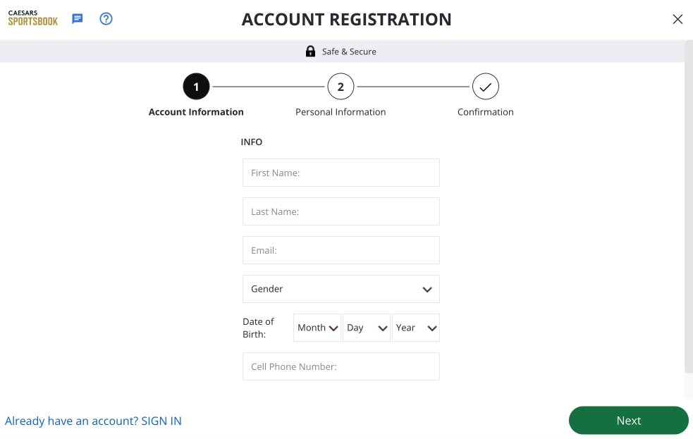registration form at Caesars Casino Online